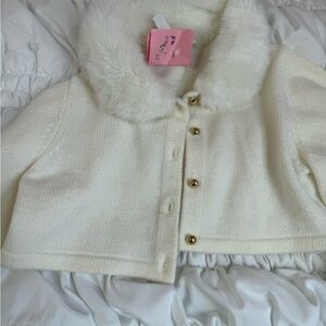 Janie and Jack Cream Sweater with Faux Fur Collar